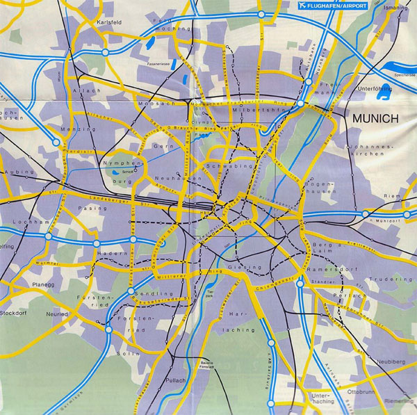 Large map of access roads to Munich city (Germany).