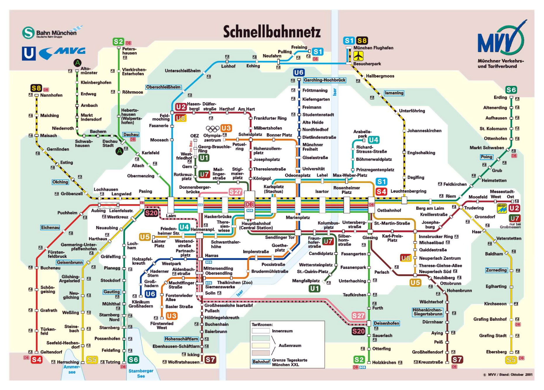 Large public transport network map of Munich city Maps