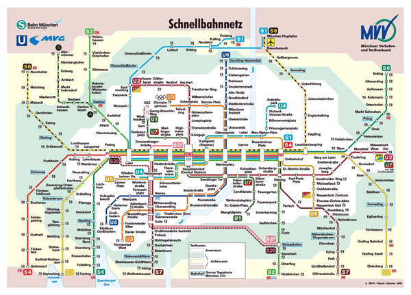 Large public transport network map of Munich city.