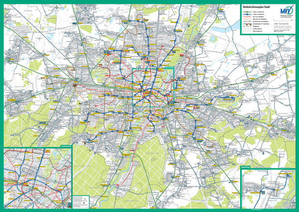 Large scale detailed public transport network map of Munich city - 2006.