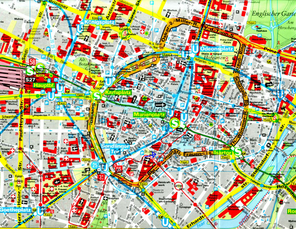 Large scale detailed road and tourist map of central part of Munich.