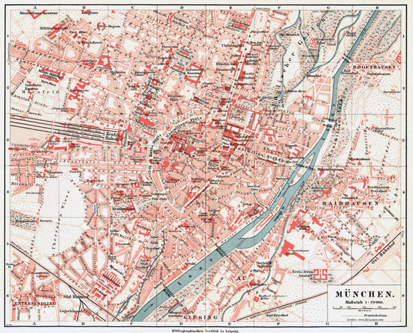 Large scale old map of Munich city. Munich large scale old map.