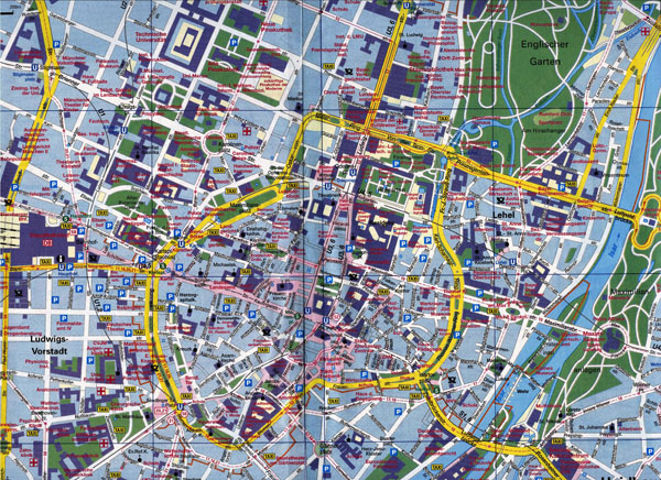 Large scale road map of Munich city center.