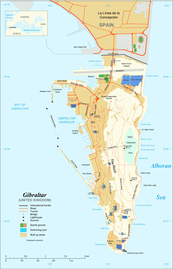 Large detailed map of Gibraltar with buildings.