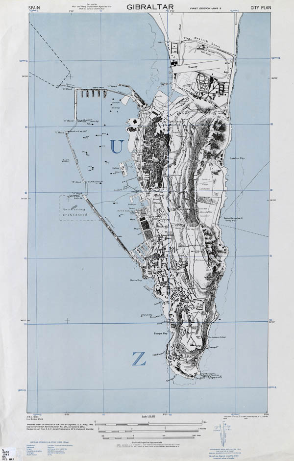 Large detailed topographic map of Gibraltar with buildings.