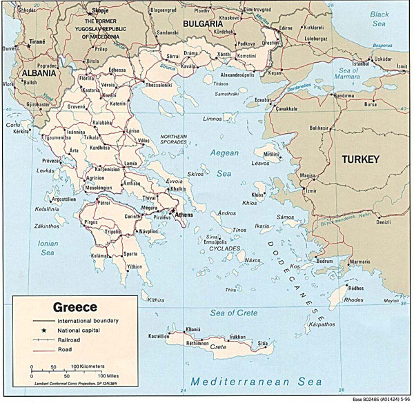 Detailed political map of Greece with cities and roads.