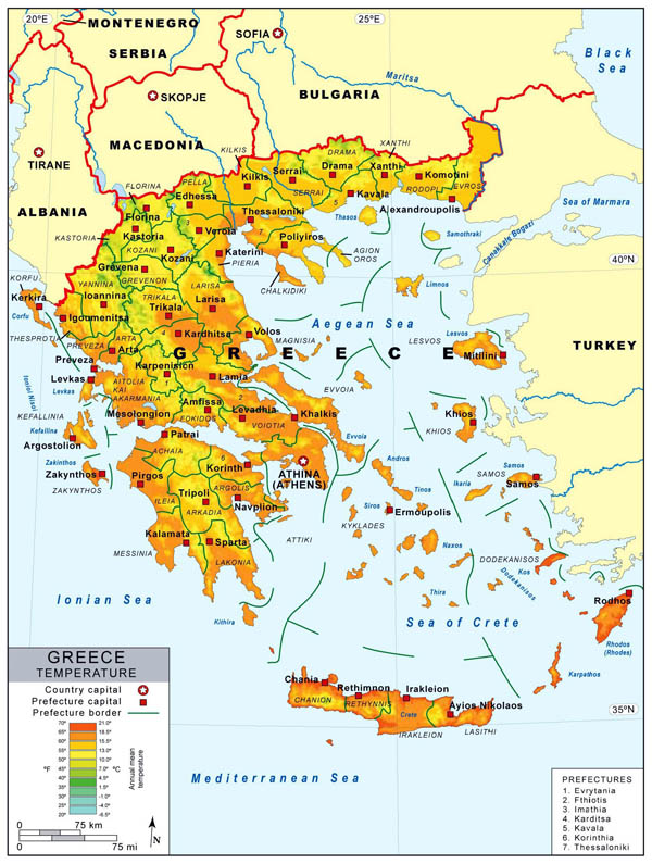 Detailed temperature map of Greece with prefectures and major cities.