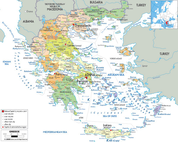 Large detailed political and administrative map of Greece with all cities, roads and airports.