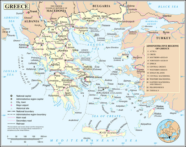 Large detailed political and administrative map of Greece with cities, roads and airports.