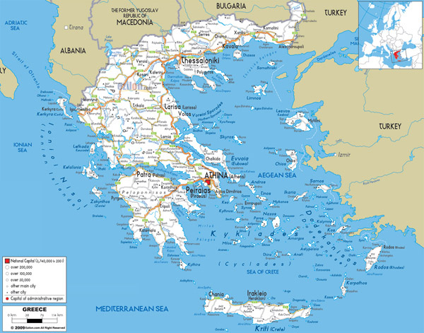 Large detailed road map of Greece with all cities and airports.