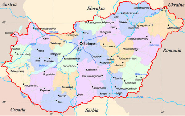 Administrative map of Hungary. Hungary administrative map.