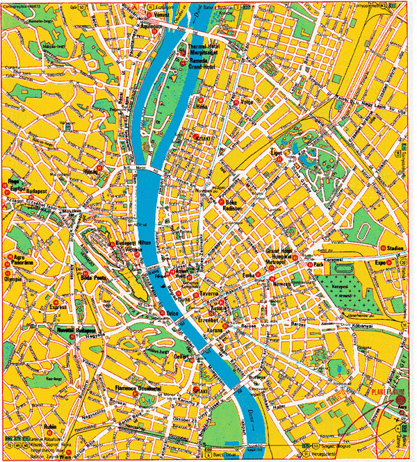 Large detailed hotels map of Budapest city center.