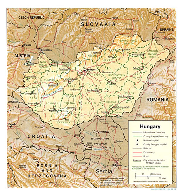 Detailed political and administrative map of Hungary with relief, roads and major cities - 1994.