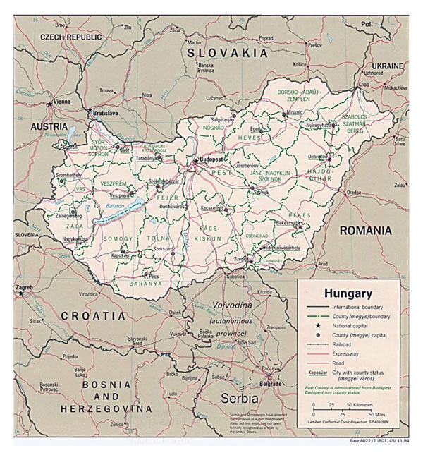 Detailed political and administrative map of Hungary with roads and major cities - 1994.