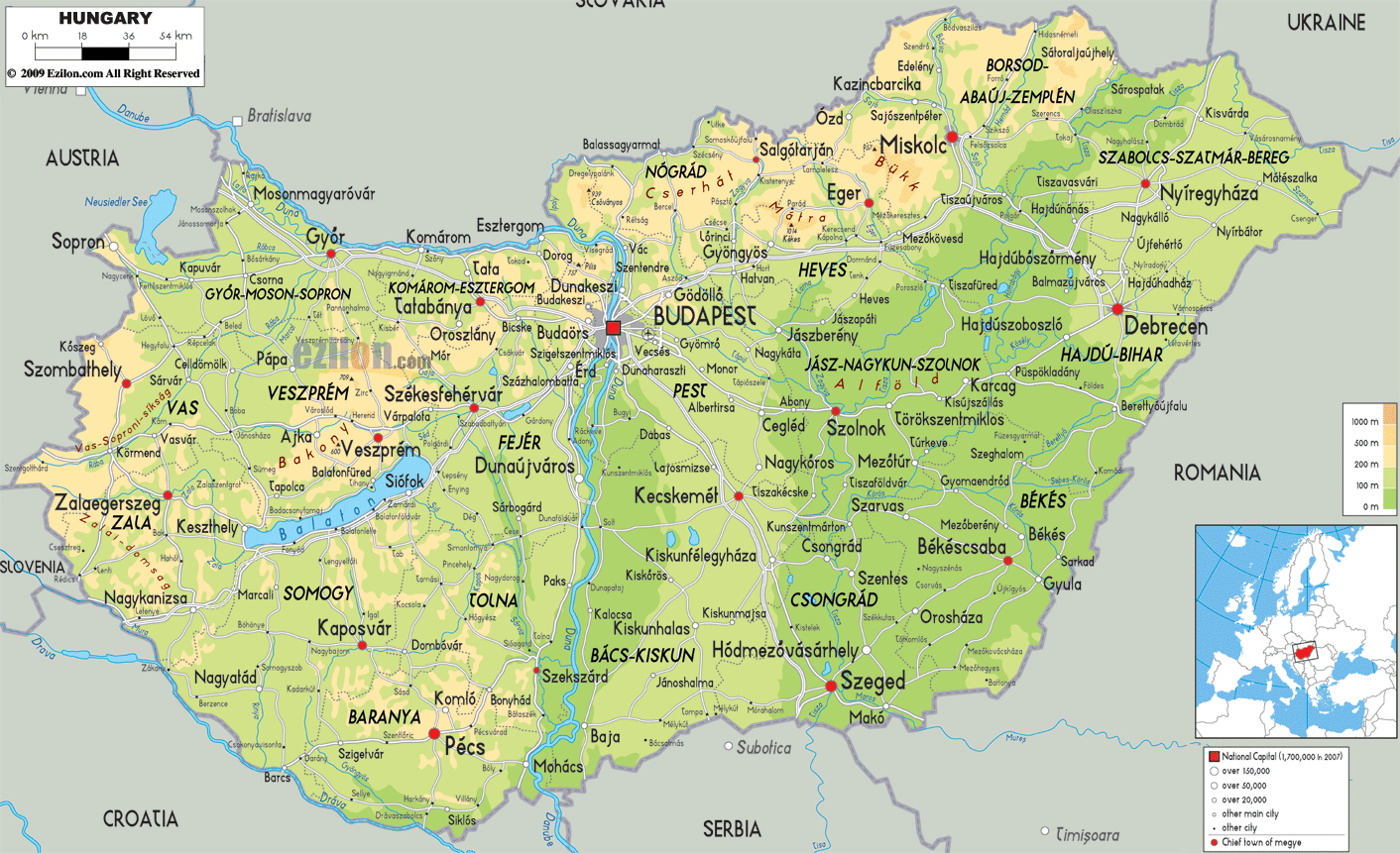Large Detailed Physical Map Of Hungary With All Cities Roads And Large Detailed Physical Map Of Hungary With All Cities Roads And
