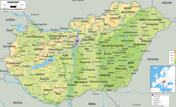 Large detailed physical map of Hungary with all cities, roads and airports.