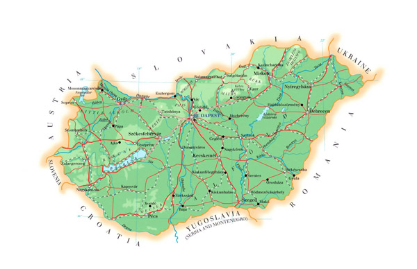 Large detailed physical map of Hungary with cities, roads and airports.