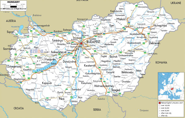Large detailed road map of Hungary with all cities and airports.