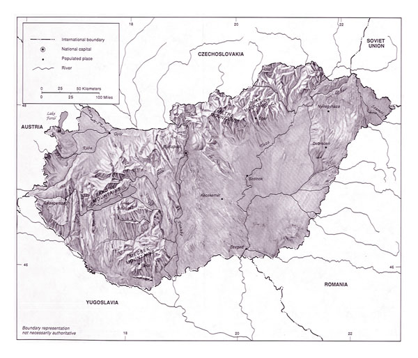 Large topographical map of Hungary.