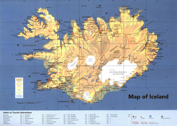 Detailed physical map of Iceland with roads cities and airports.