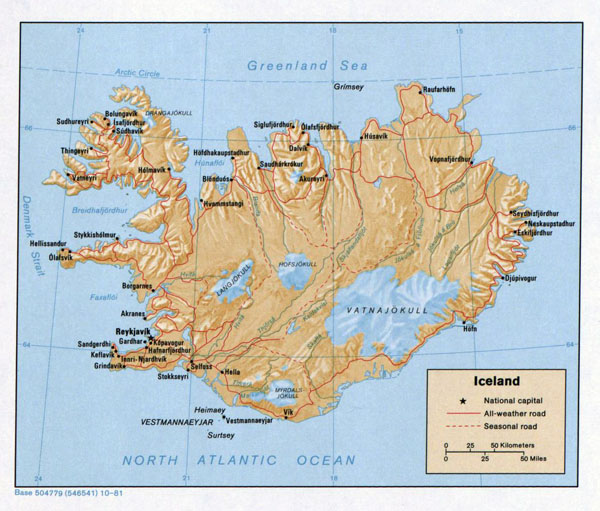 Detailed political map of Iceland with relief, roads and major cities - 1981.