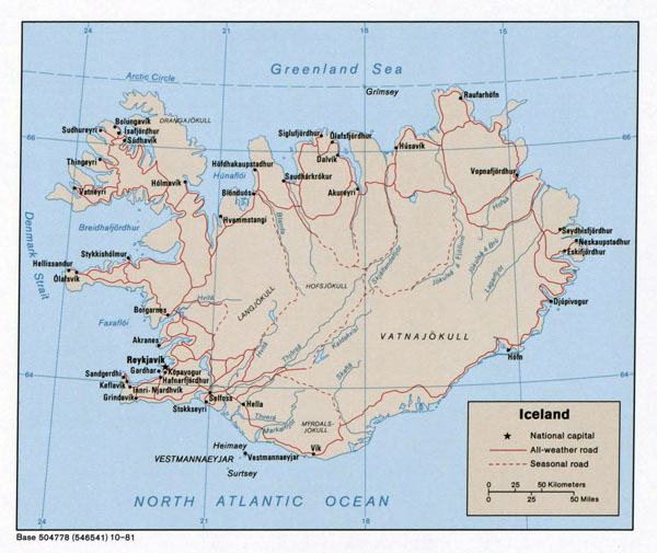 Detailed political map of Iceland with roads and major cities - 1981.