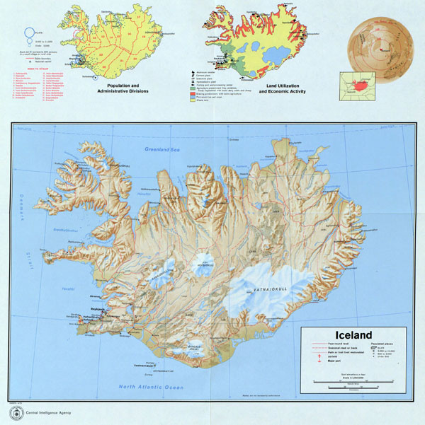 Iceland large detailed map with relief, roads, cities, airports and seaports - 1973.