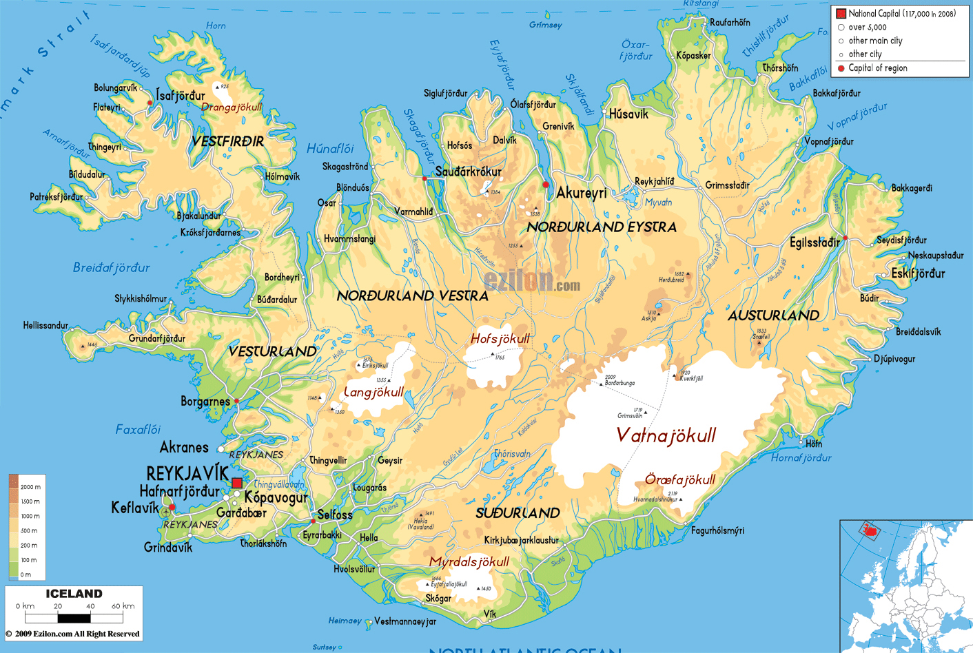 Large detailed physical map of Iceland with all roads, cities and