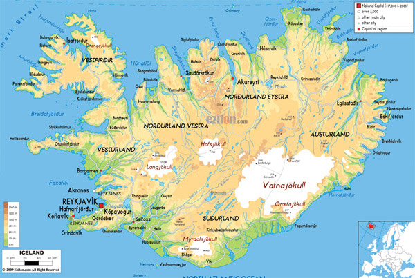 Large detailed physical map of Iceland with all roads, cities and airports.