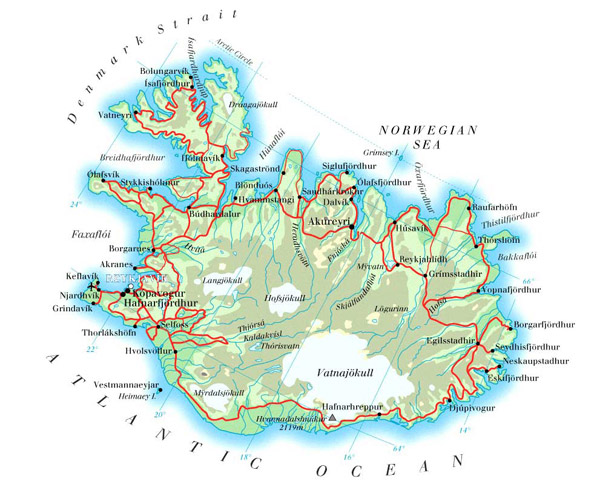 Large detailed physical map of Iceland with cities, roads and airports