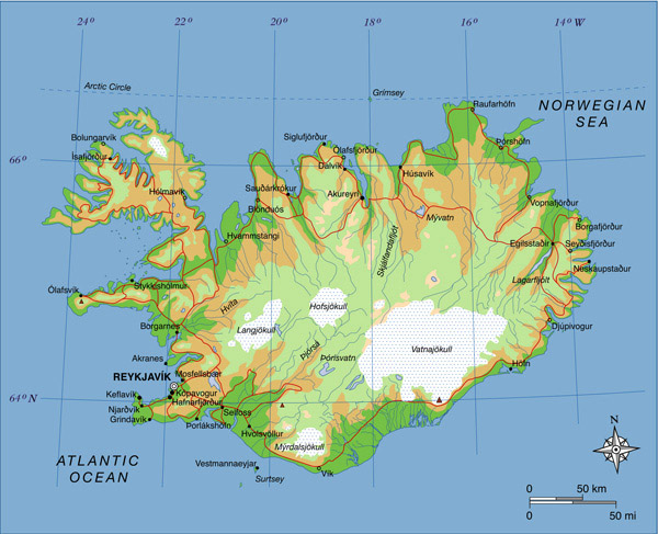 Large detailed physical map of Iceland with roads and cities.