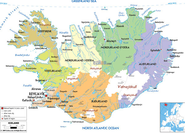 Large detailed political and administrative map of Iceland with all roads, cities and airports.