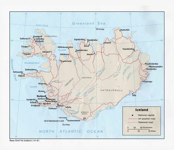 Large detailed political map of Iceland with cities and roads.