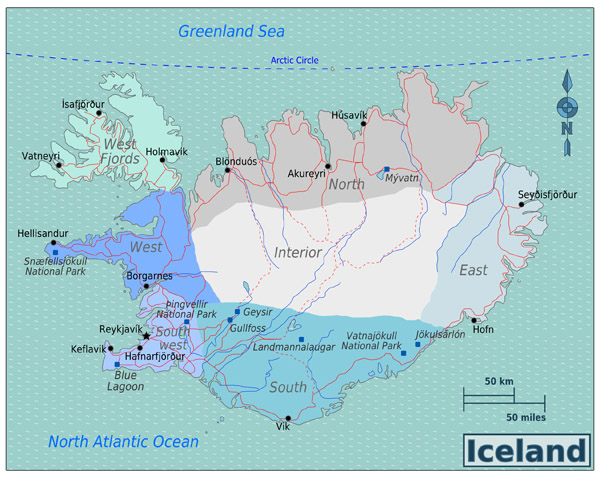 Large detailed regions map of Iceland.