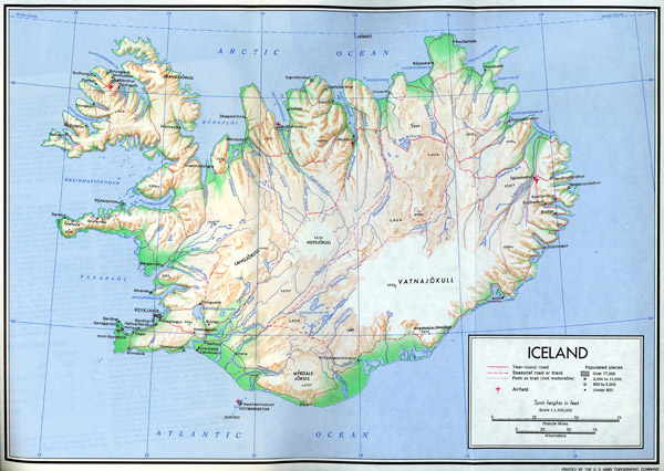 Large detailed relief map of Iceland with roads and cities.