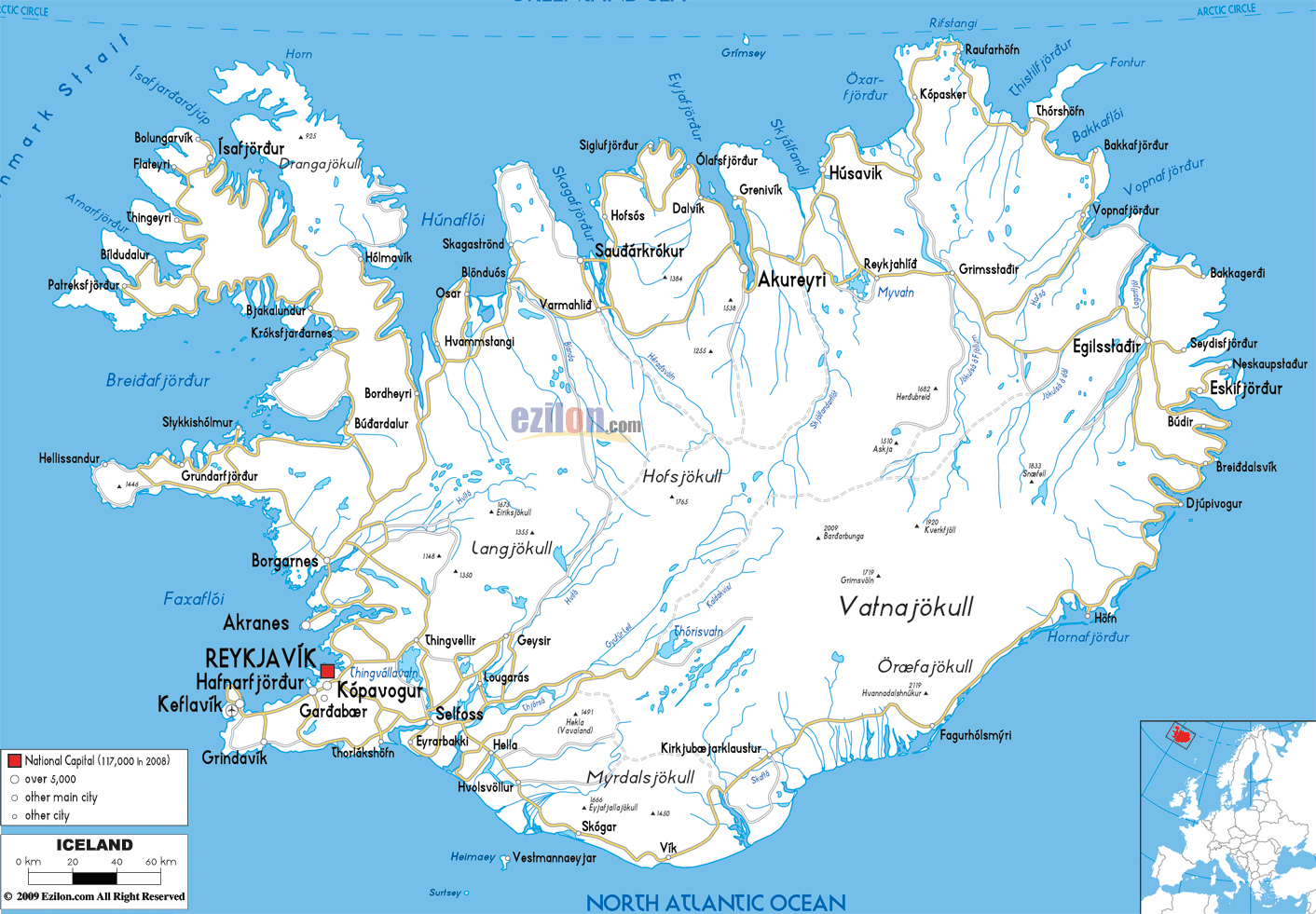 Large detailed road map of Iceland with all cities and airports