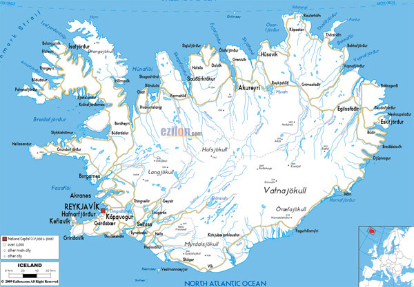 Large detailed road map of Iceland with all cities and airports.