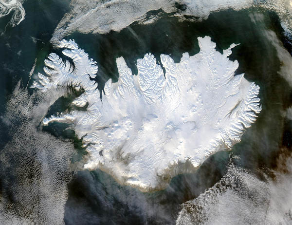 Large detailed satellite map of Iceland in winter.