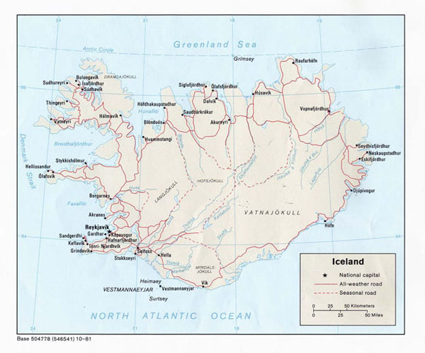 Political map of Iceland with roads and cities.