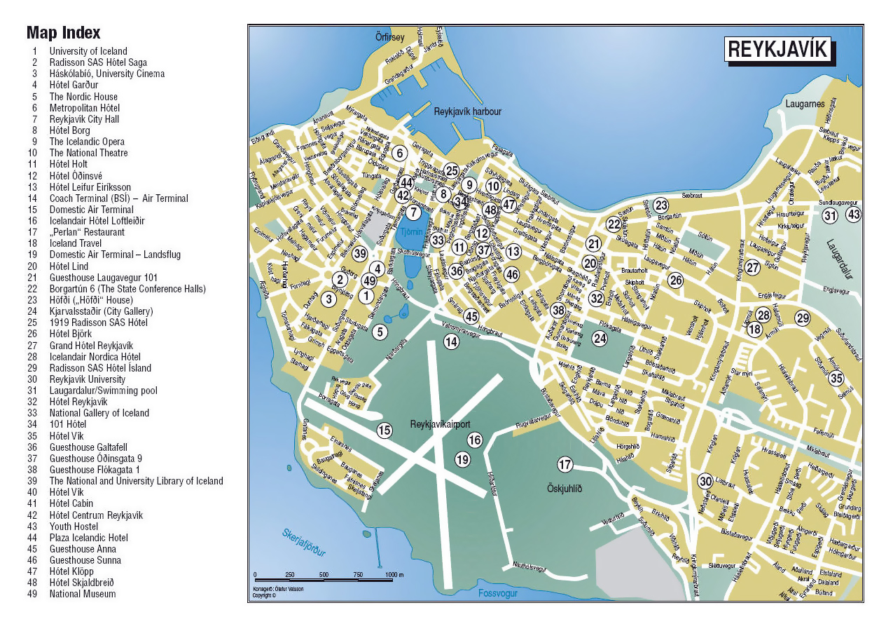 Detailed tourist map of central part of Reykjavik city Vidiani com