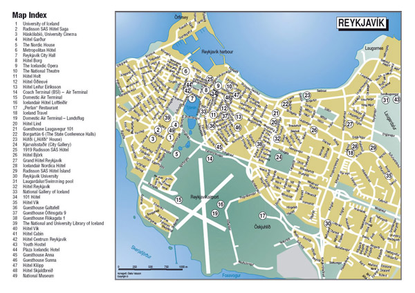 Detailed tourist map of central part of Reykjavik city.