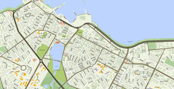 Large road map of central part of Reykjavik city.