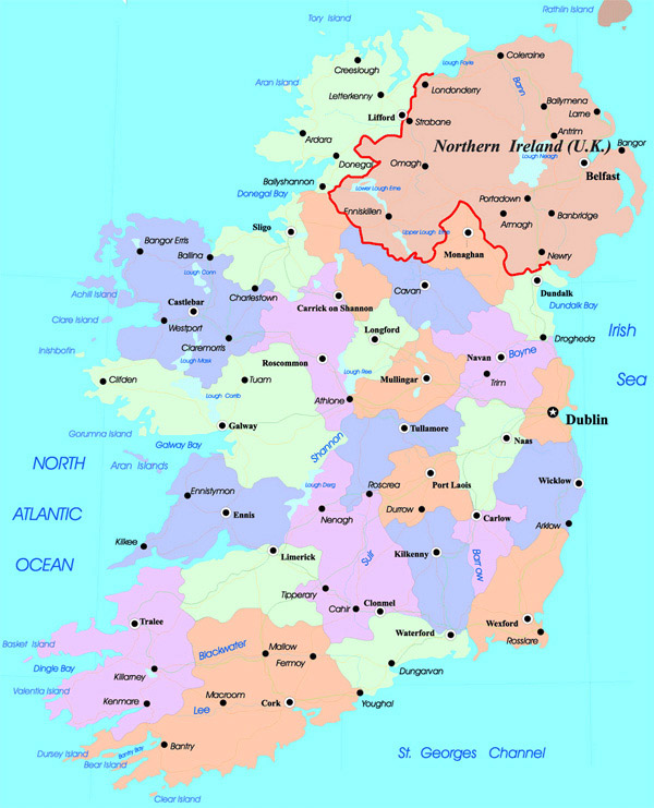 Detailed administrative map of Ireland.