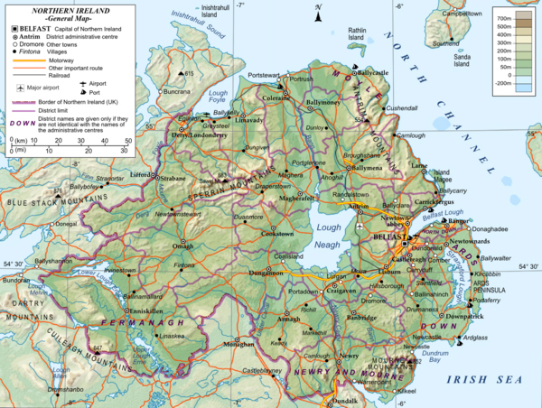 Detailed general map of northern Ireland.