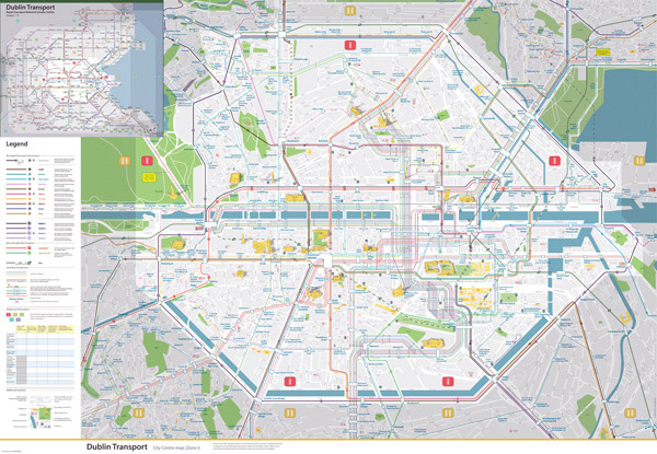 Large detailed map of Dublin city center with transport infrastructure.