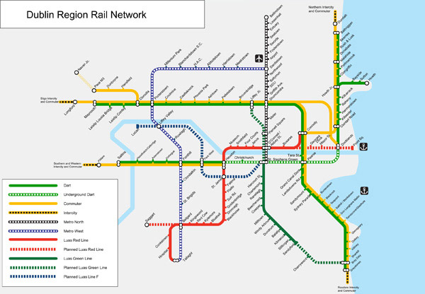 Large detailed rail network map of Dublin city.