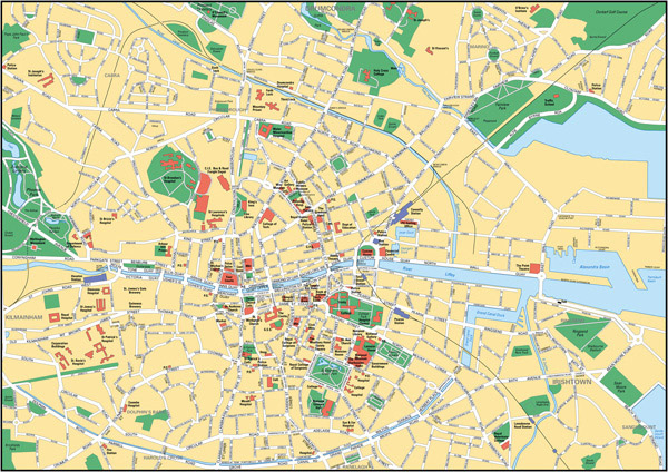 Large detailed road map of Dublin city center.