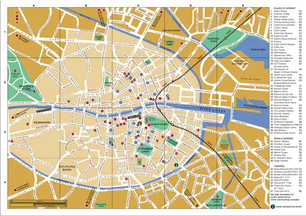 Large detailed tourist map of Dublin city center.