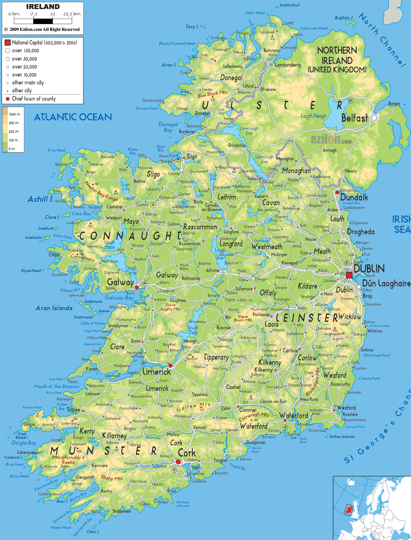 Large detailed physical map of Ireland with all cities, roads and