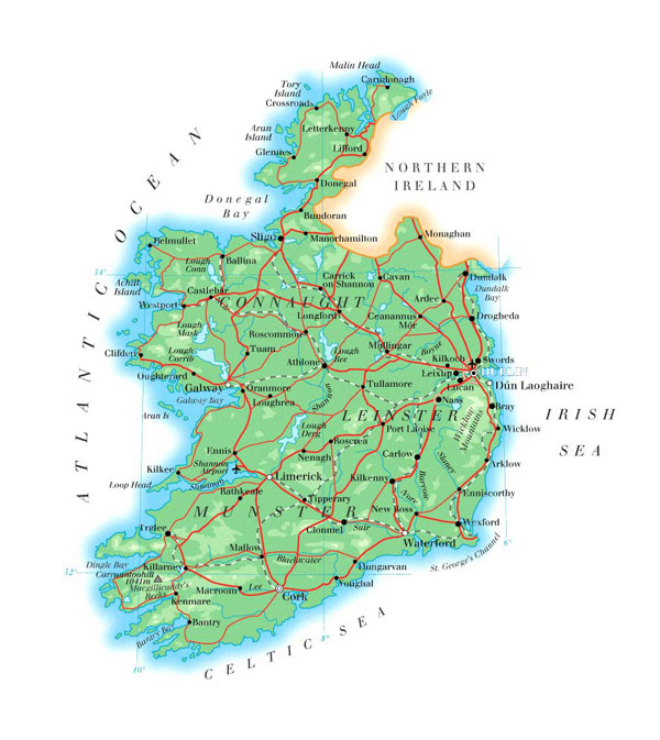 Large detailed physical map of Ireland with roads, cities and airports.